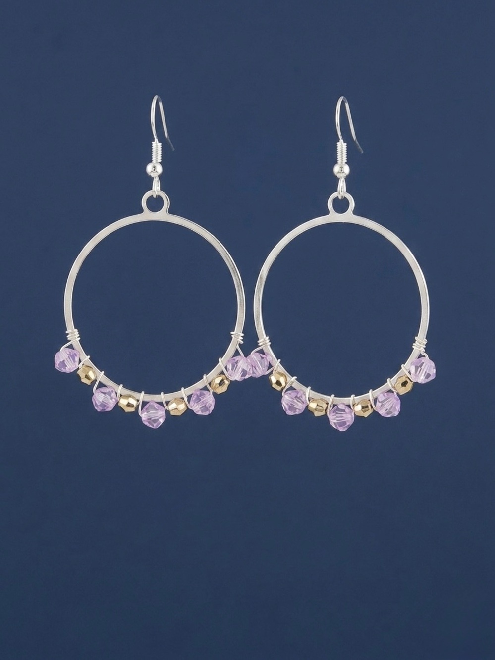 Handmade Silver Hoop Earrings with Light Purple and Gold Beads - Women Jewelry